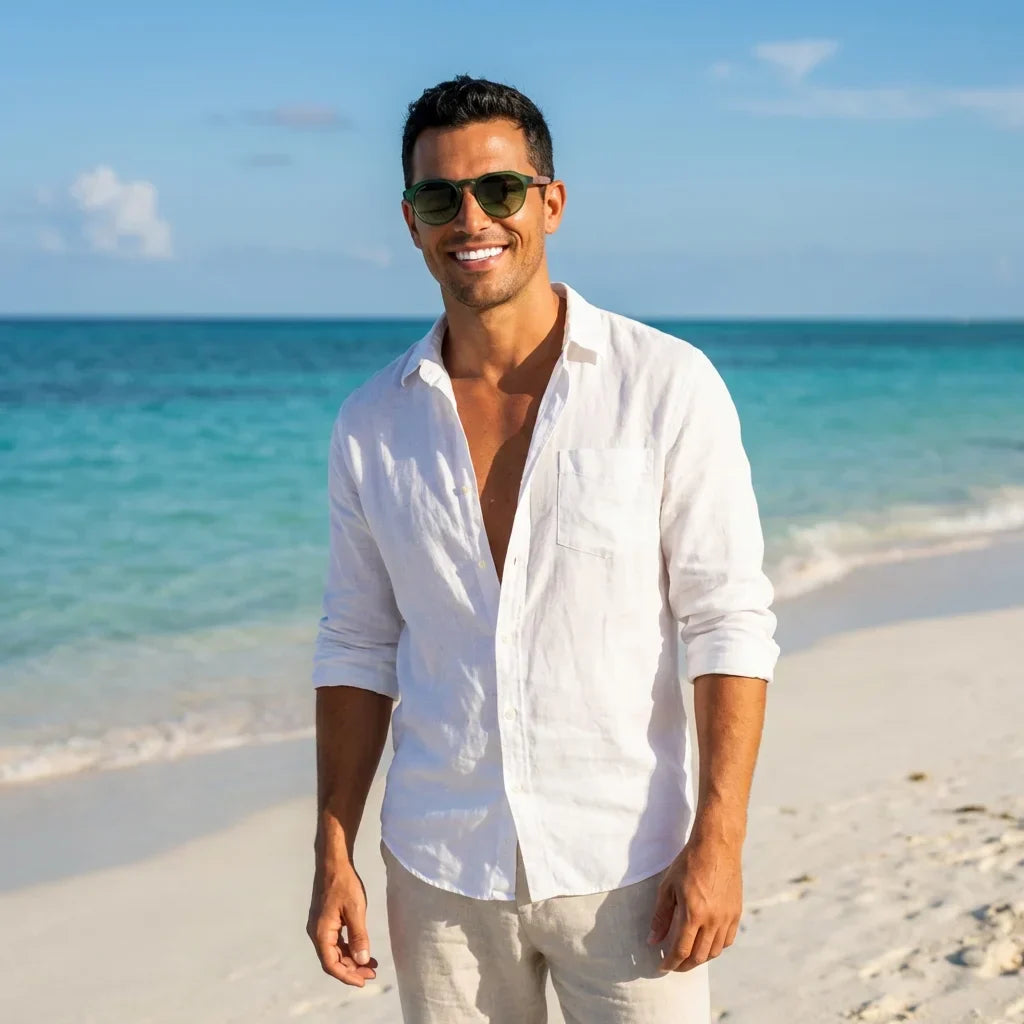 Hombre usando lentes sol Galapagos acetato madera polarizados verde playa oceano proteccion UV400 Bonoboss #editorial_banner #color_verde