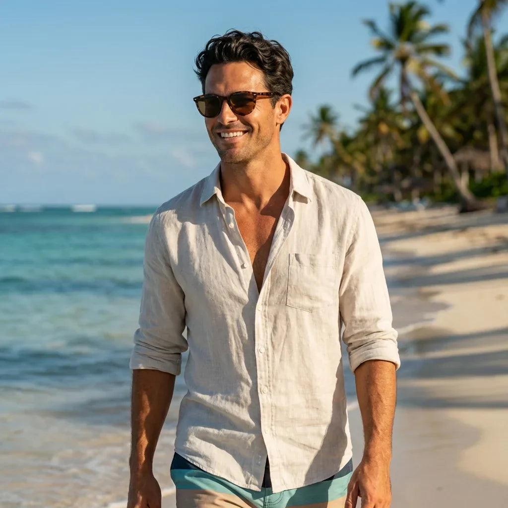 Hombre usando lentes sol Henua polarizados UV400 hombre en playa proteccion solar UV400 Bonoboss #color_carey