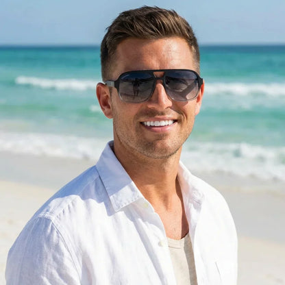 Hombre usando lentes sol Orson RPET polarizados UV400 hombre en playa proteccion solar UV400 Bonoboss #color_negro