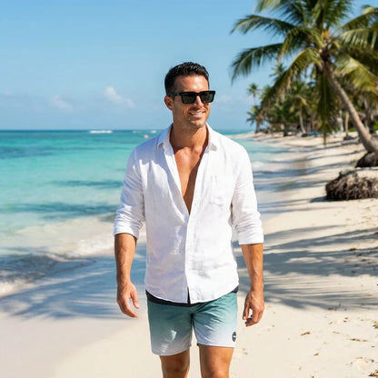 Hombre usando lentes sol Tokyo bio-acetato polarizados Negro hombre en playa proteccion solar UV400 Bonoboss #editorial_detail1 #color_negro
