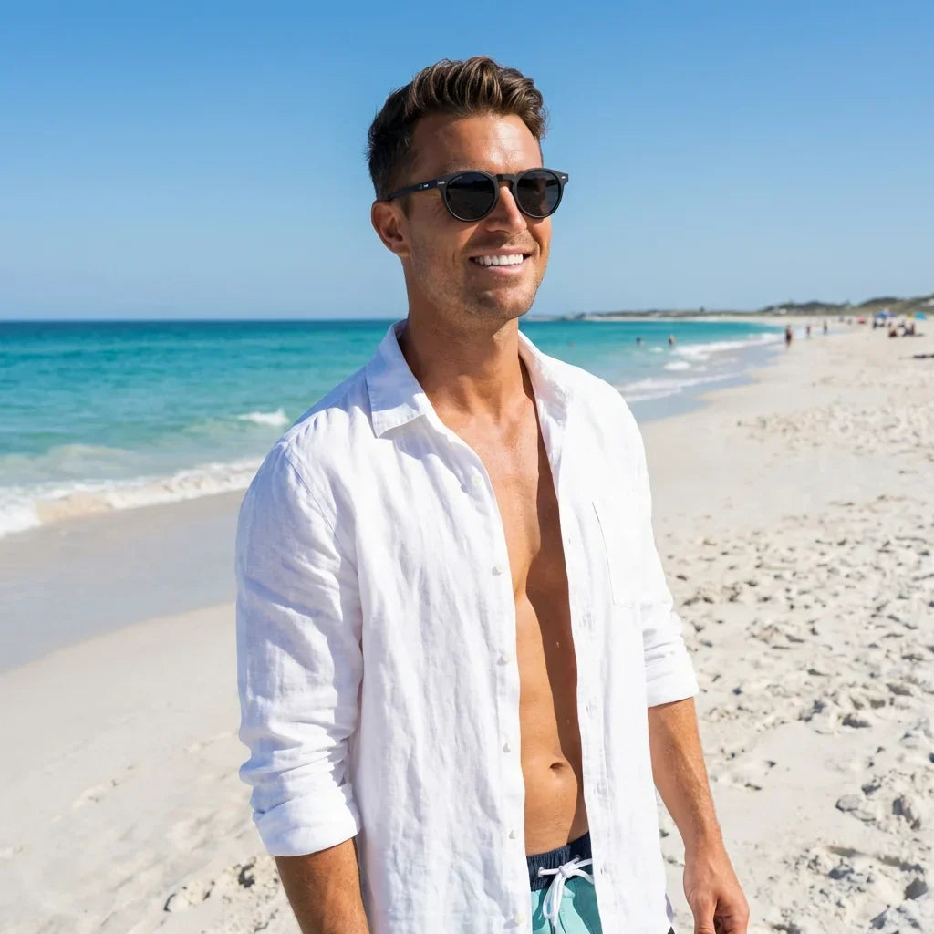 Hombre usando lentes sol Temuco RPET polarizados UV400 hombre en playa proteccion solar UV400 Bonoboss #color_dark