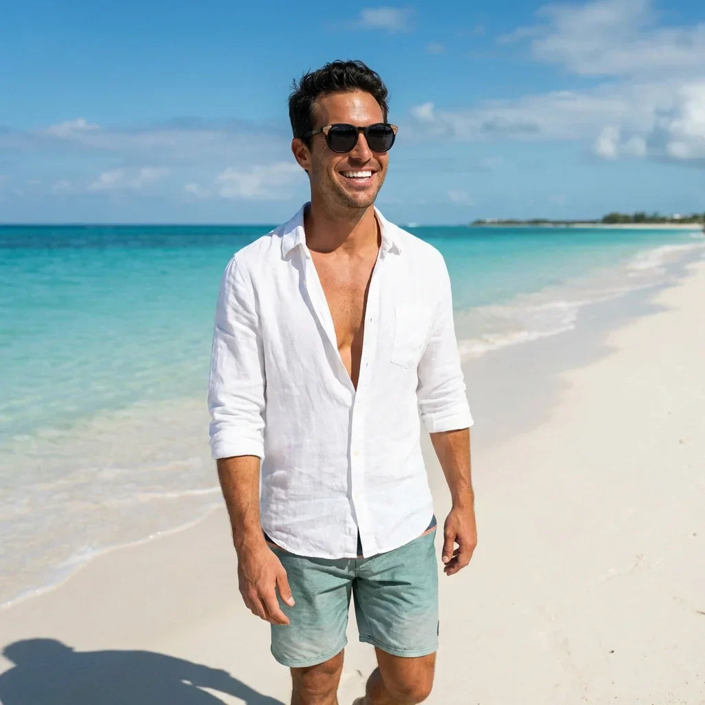 Hombre usando lentes sol Chiloe 0084 bio-acetato polarizados negro playa arena proteccion UV outdoor Bonoboss #editorial_sustentabilidad #color_negro