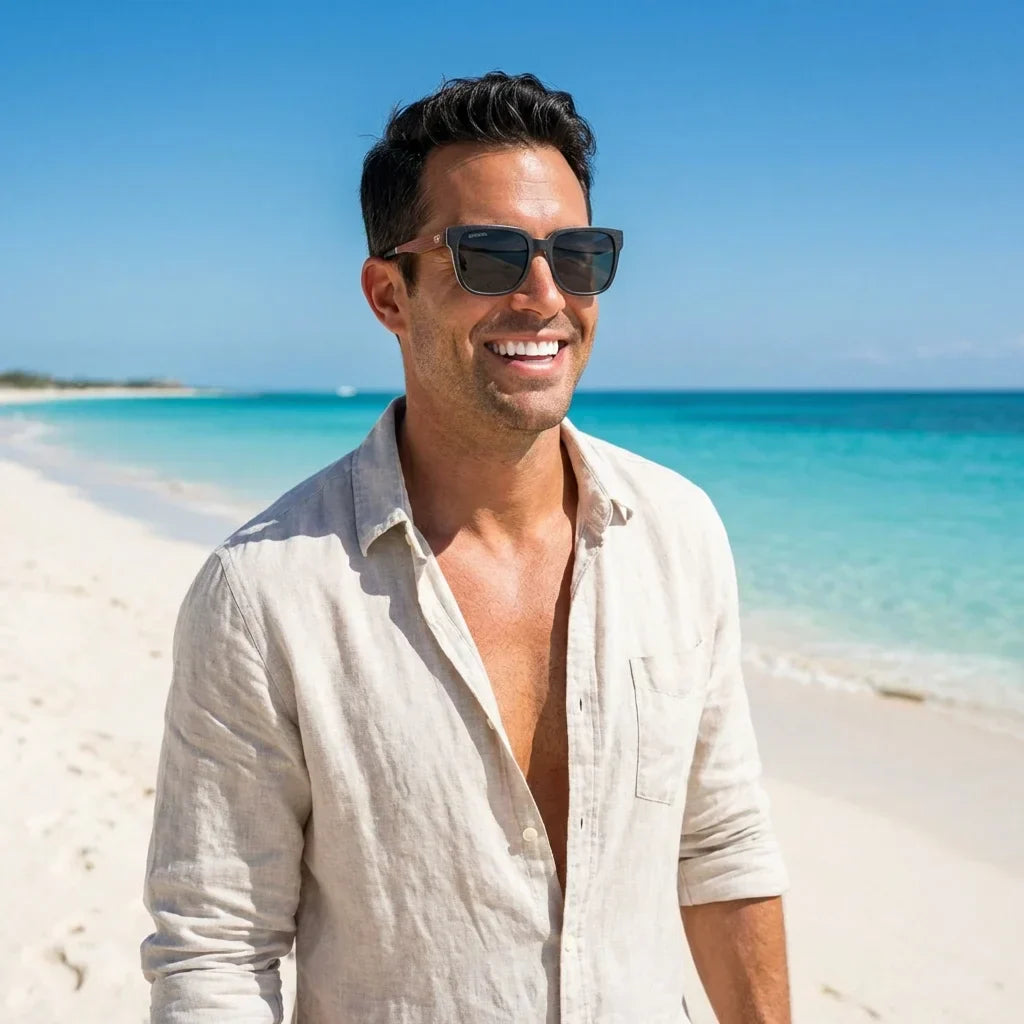 Hombre usando lentes sol Selkie polarizados UV400 hombre en playa proteccion solar UV400 Bonoboss #editorial_detail1 #color_rosal