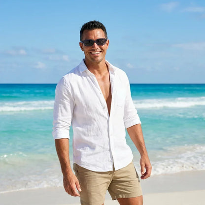 Hombre usando lentes sol Navarino polarizados UV400 hombre en playa proteccion solar UV400 Bonoboss #color_azul