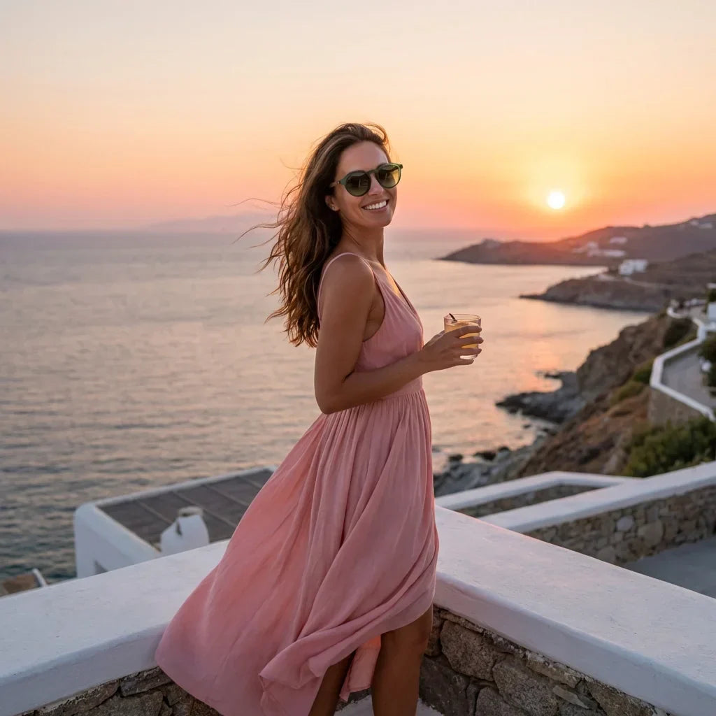 Mujer usando lentes sol Galapagos acetato madera polarizados verde playa arena proteccion solar UV400 Bonoboss #editorial_sustentabilidad #color_verde