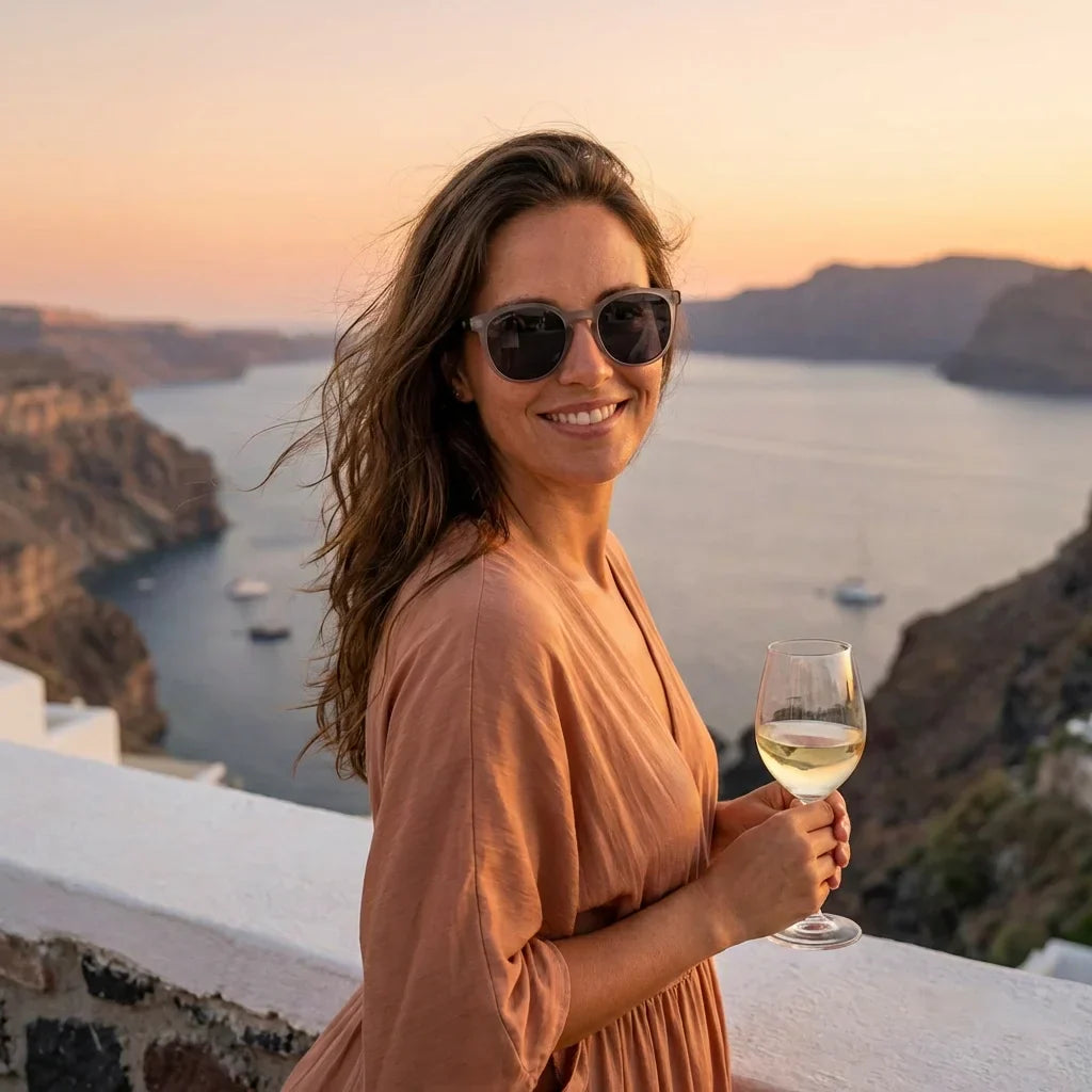 Mujer usando lentes sol Meli TSP bio-acetato TSP polarizados negro playa arena proteccion UV400 Bonoboss #editorial_sustentabilidad #color_negro