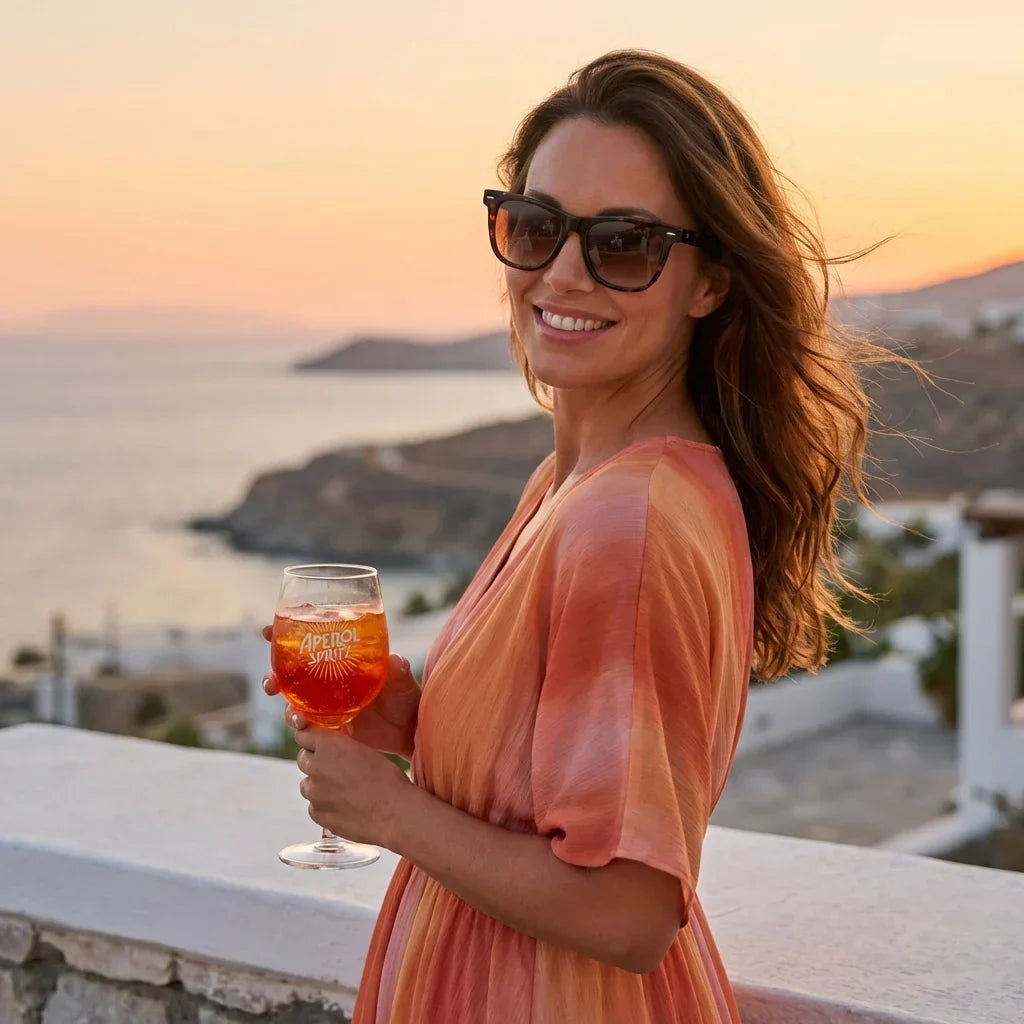 Mujer usando lentes sol Valencia polarizados UV400 mujer en playa arena oceano UV400 Bonoboss #color_carey