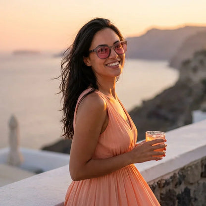 Mujer usando lentes sol Meli TSP bio-acetato TSP polarizados rosado playa arena dorada proteccion UV Bonoboss #editorial_sustentabilidad #color_rosado