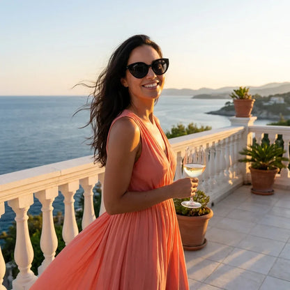 Mujer usando lentes sol Hannover bio-acetato polarizados negro playa costa proteccion solar UV400 verano Bonoboss #editorial_detail2 #color_negro