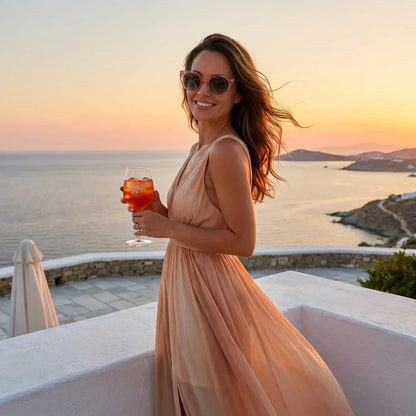 Mujer usando lentes sol Hannover bio-acetato polarizados champagne playa costa proteccion solar UV400 verano Bonoboss #editorial_detail2 #color_champagne