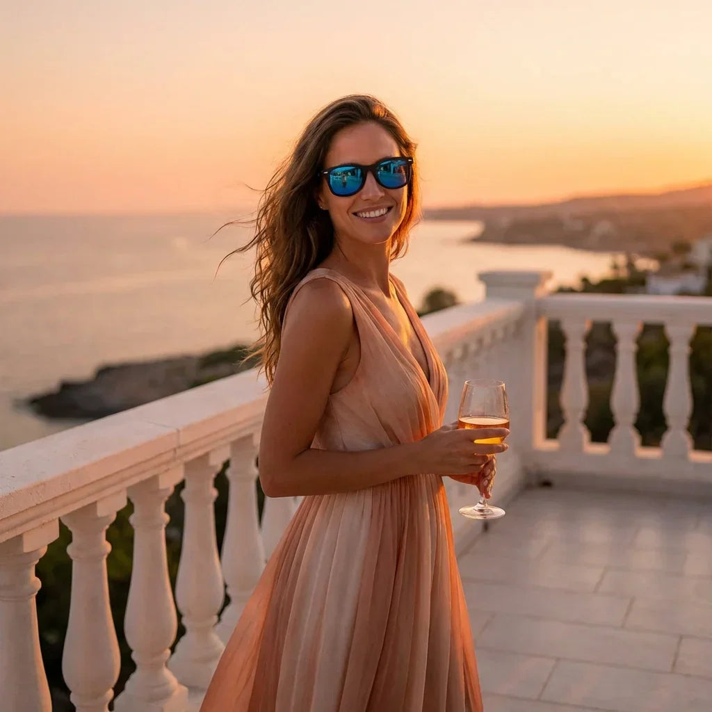 Acacio RPET tono sky lentes de sol madera estilo mujer vista de frente #color_sky