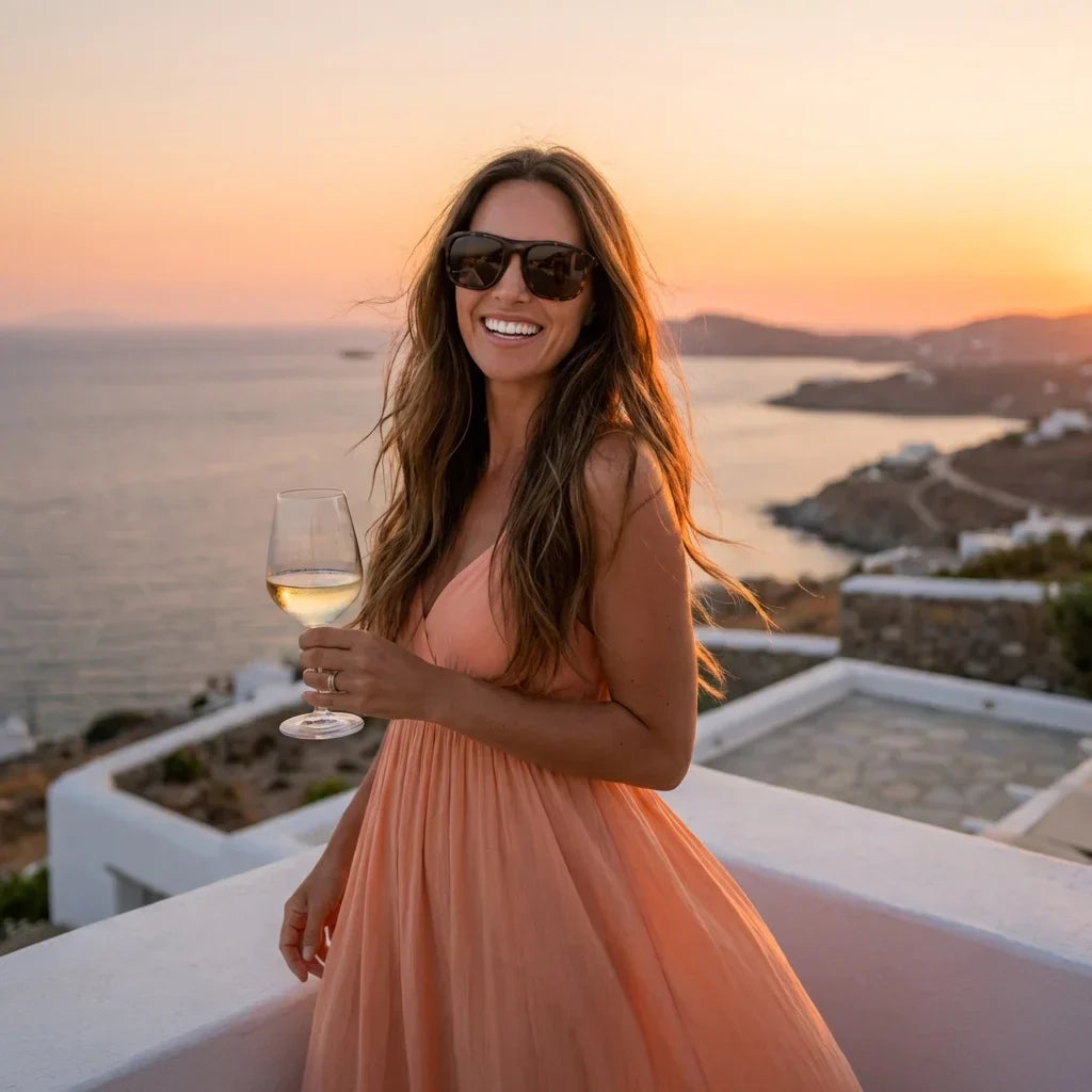 Mujer usando lentes sol Tom polarizados UV400 mujer en playa arena oceano UV400 Bonoboss #color_carey