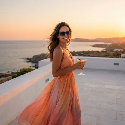 Mujer usando lentes sol Rapanui RPET polarizados UV400 mujer en playa arena oceano UV400 Bonoboss #color_light-ocean