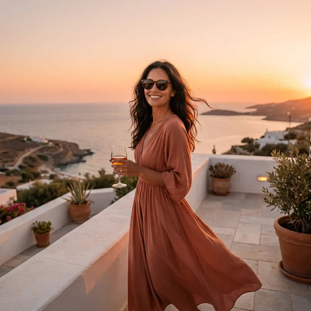Mujer usando lentes sol Henua bio-acetato polarizados carey playa arena oceano proteccion UV estilo costero Bonoboss #editorial_detail2 #color_carey