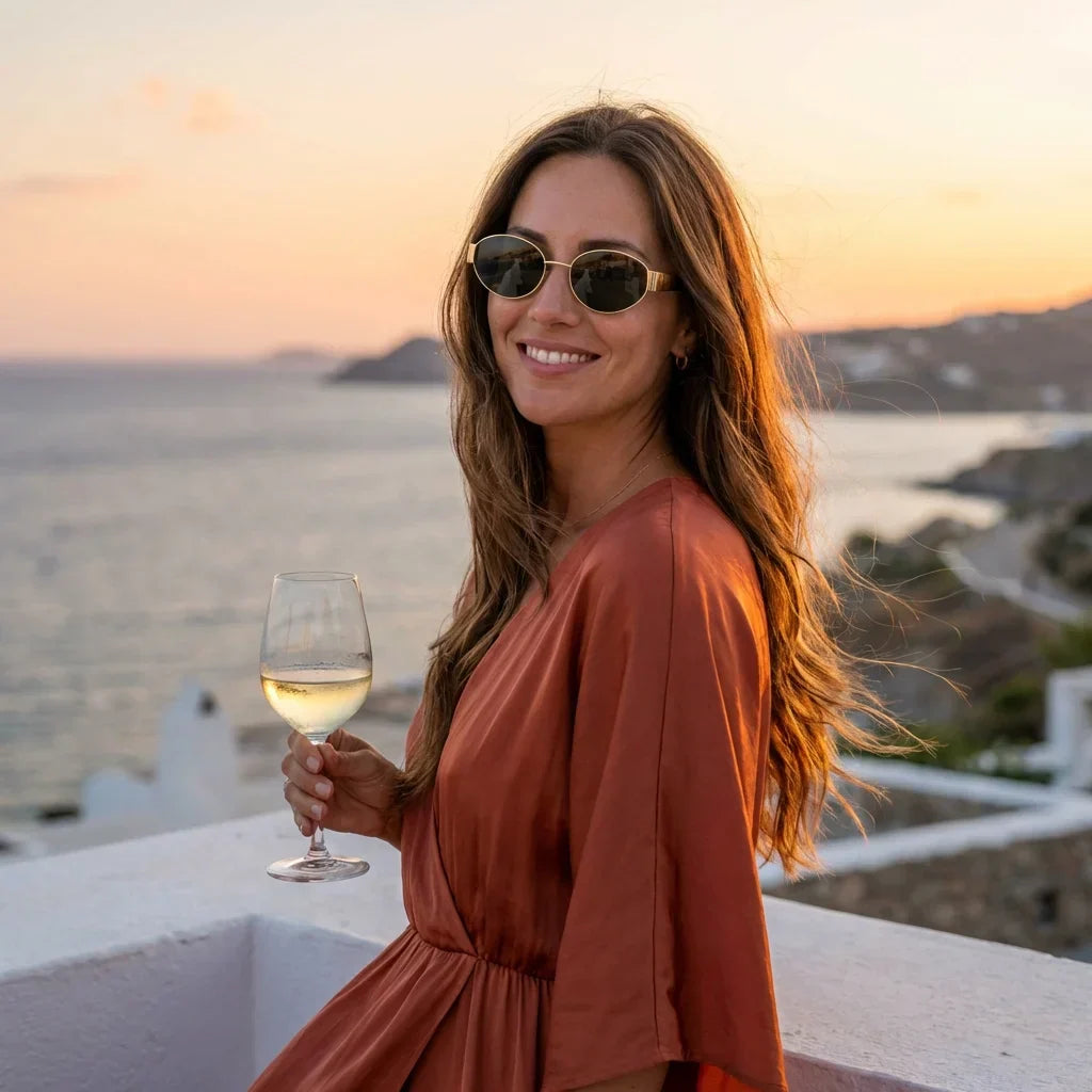 Mujer usando lentes sol New Lennon bio-acetato polarizados g15 playa arena oceano proteccion UV estilo costero Bonoboss #editorial_banner #color_g15