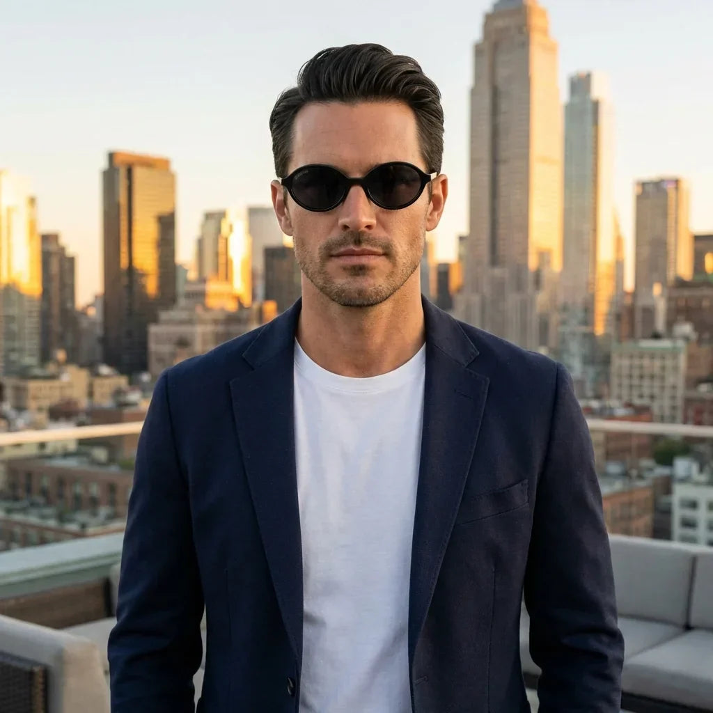 Hombre usando lentes sol Guapi Island polarizados UV400 hombre estilo urbano ciudad moderna Bonoboss #color_negro