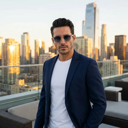 Hombre usando lentes sol Galápagos polarizados UV400 hombre estilo urbano ciudad moderna Bonoboss #color_transparente