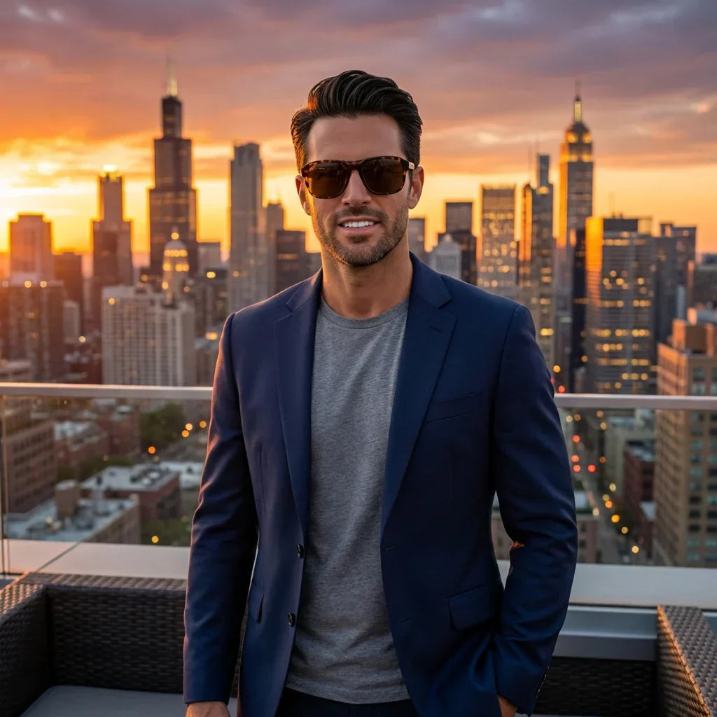 Hombre usando lentes sol Tom polarizados UV400 hombre estilo urbano ciudad moderna Bonoboss #color_carey