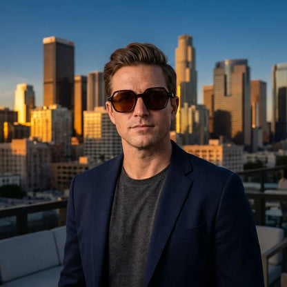 Hombre usando lentes sol Canarias polarizados UV400 hombre estilo urbano ciudad moderna Bonoboss #color_carey