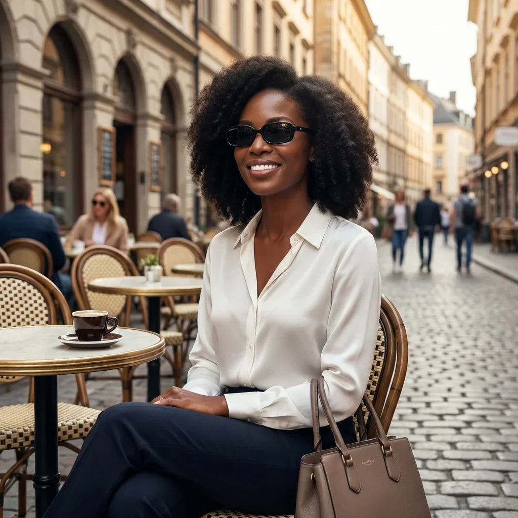 Mujer usando lentes sol Navarino polarizados UV400 mujer estilo urbano ciudad moderna Bonoboss #color_negro