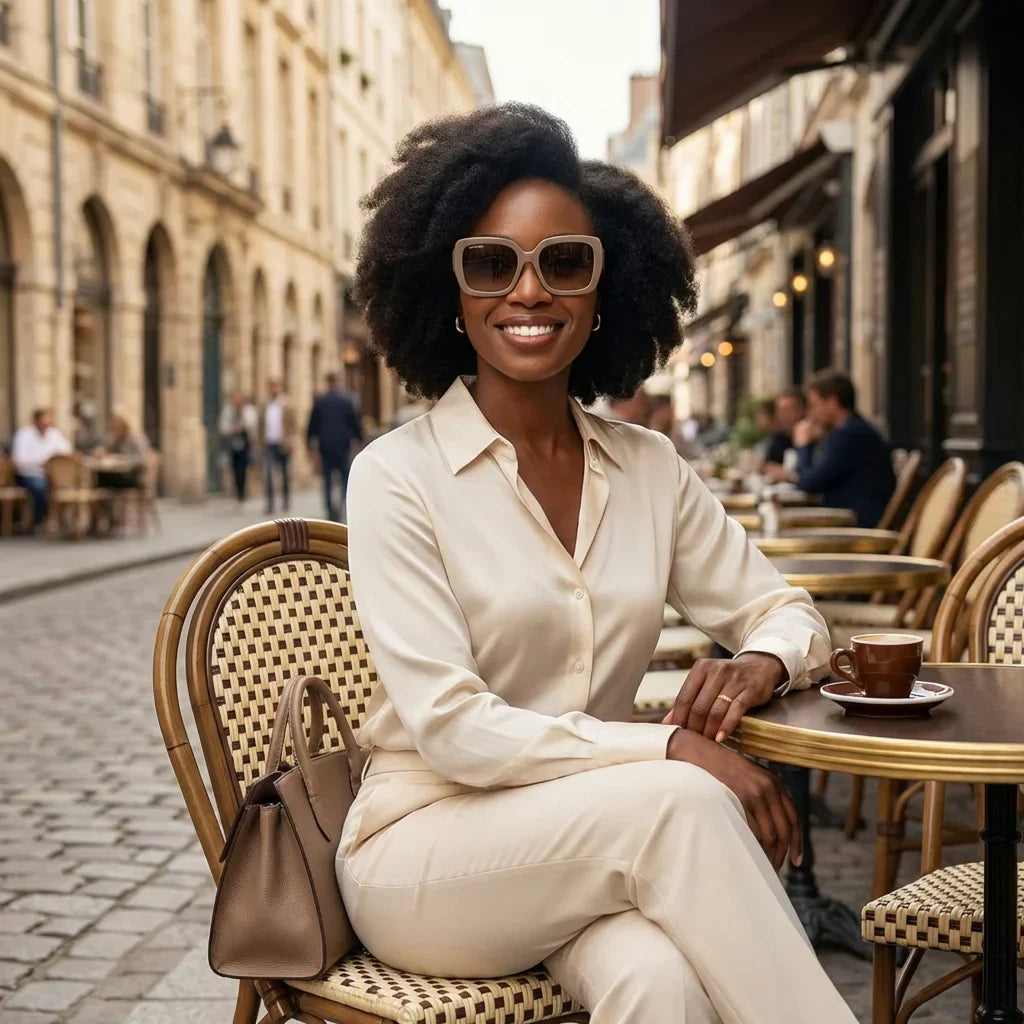 Mujer usando lentes sol Alaska polarizados brown estilo urbano ciudad moderna Bonoboss #editorial_sustentabilidad #color_brown