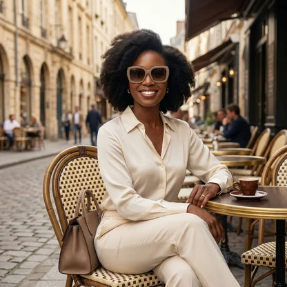 Mujer usando lentes sol Alaska polarizados brown estilo urbano ciudad moderna Bonoboss #editorial_sustentabilidad #color_brown
