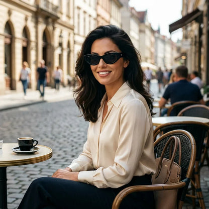 Mujer usando lentes sol Milan bio-acetato polarizados negro urbano ciudad moderna estilo sofisticado Bonoboss #editorial_sustentabilidad #color_negro