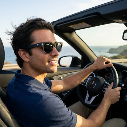 Hombre usando lentes sol Osorno RPET polarizados UV400 hombre conduciendo reduce fatiga ocular Bonoboss #color_negro