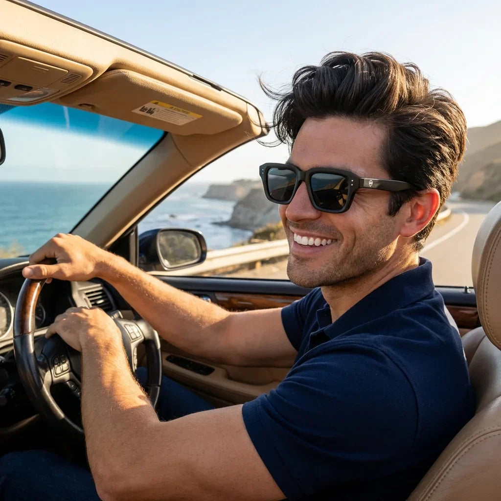 Hombre usando lentes sol Verona polarizados UV400 hombre conduciendo reduce fatiga ocular Bonoboss #color_dark