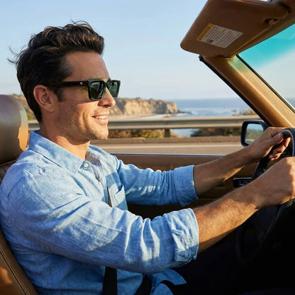 Hombre usando lentes sol Tokyo bio-acetato polarizados Negro hombre conduciendo reduce fatiga ocular Bonoboss #editorial_banner #color_negro