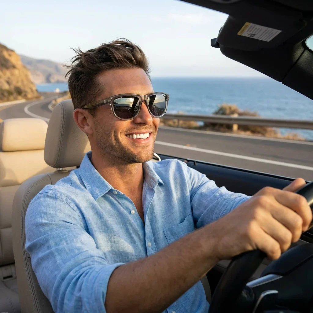 Hombre usando lentes sol GirlFriend Reverse polarizados UV400 hombre conduciendo reduce fatiga ocular Bonoboss #color_espejado-gris