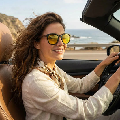 Mujer usando lentes sol Meli Dark bio-acetato polarizados Amarillo mujer conduciendo reduce fatiga ocular Bonoboss #editorial_detail1 #color_amarillo