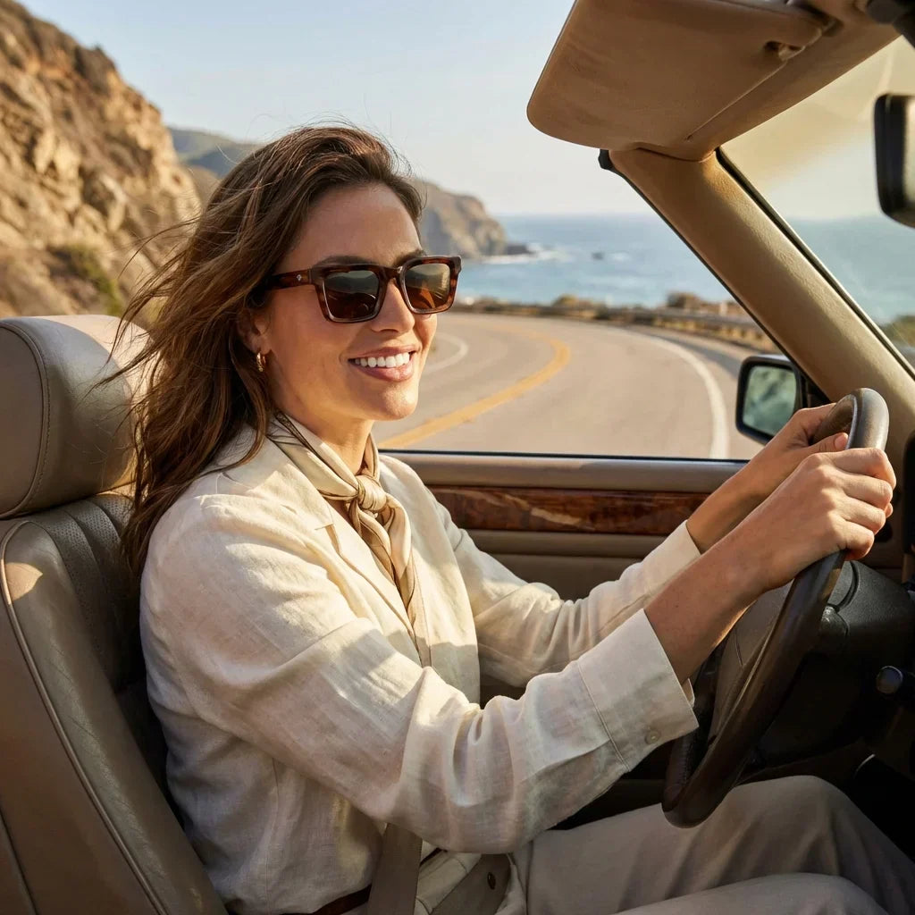 Mujer usando lentes sol Tokyo bio-acetato polarizados Brown mujer conduciendo proteccion solar carretera Bonoboss #editorial_banner #color_brown