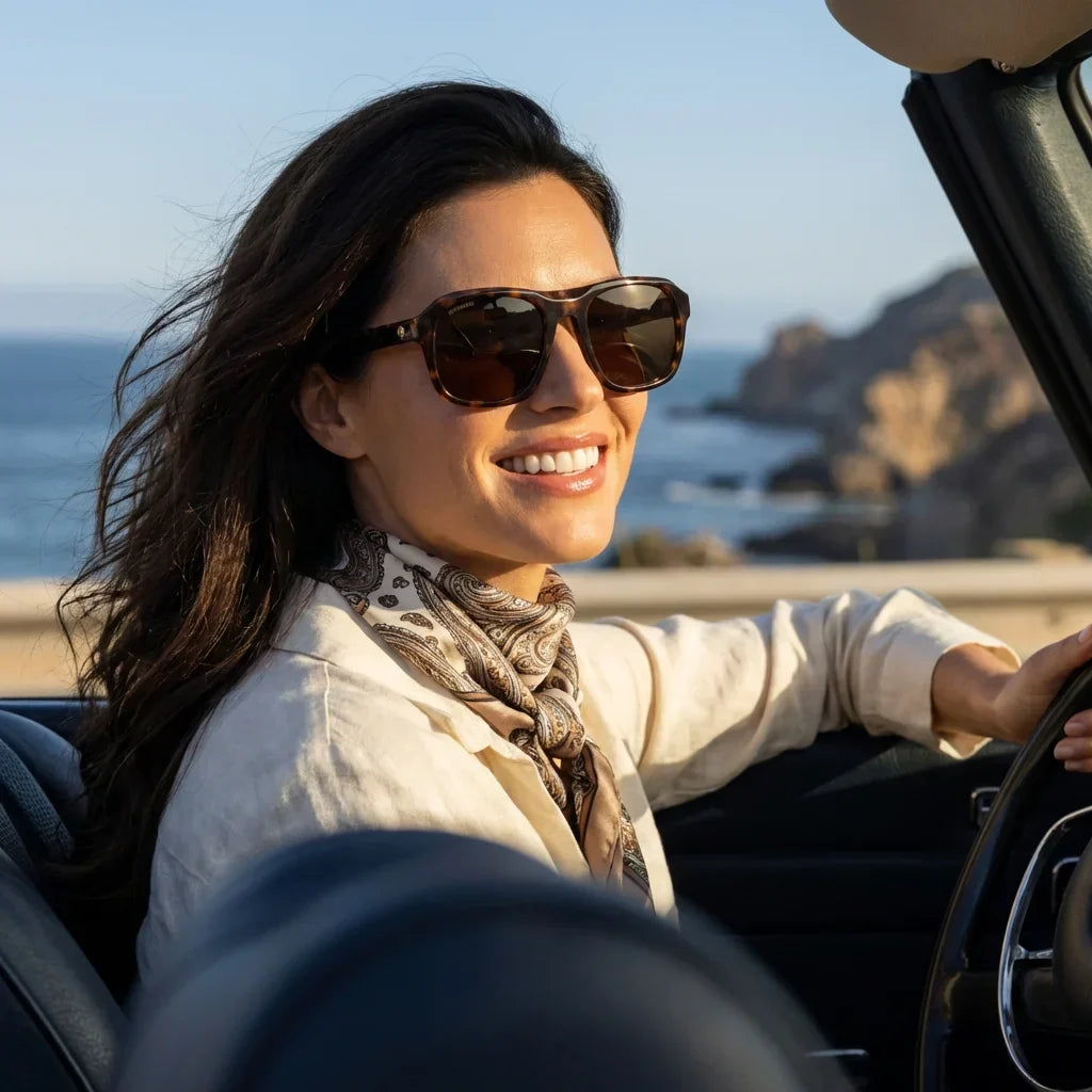 Mujer usando lentes sol Tom polarizados UV400 mujer conduciendo proteccion solar carretera Bonoboss #color_carey