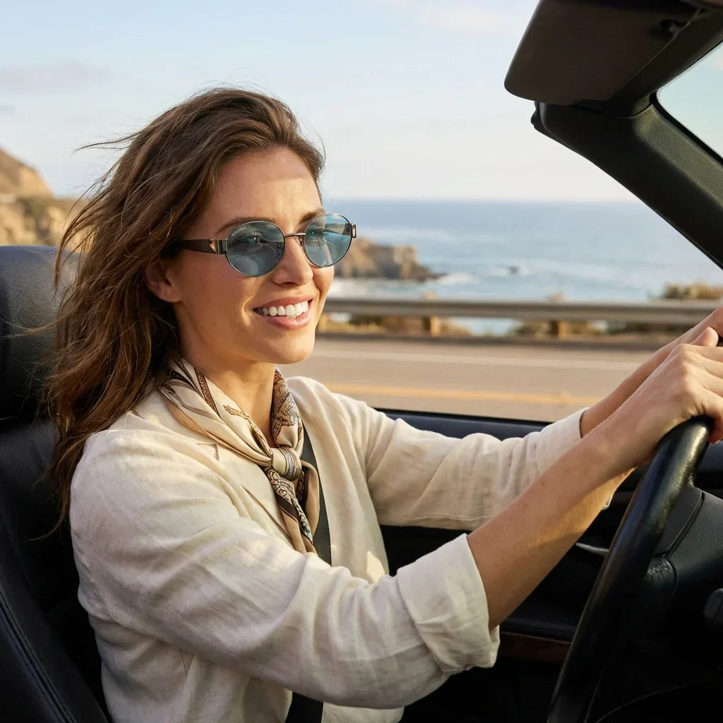 Mujer usando lentes sol New Lennon bio-acetato polarizados blue conduciendo reduce fatiga ocular carretera UV400 Bonoboss #editorial_detail1 #color_blue