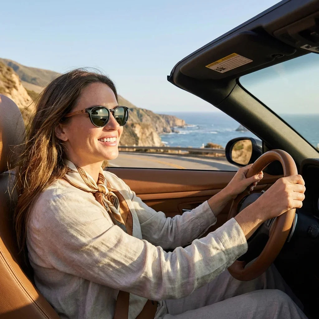 Mujer usando lentes sol Chiloé 220 polarizados UV400 mujer conduciendo proteccion solar carretera Bonoboss #color_g15