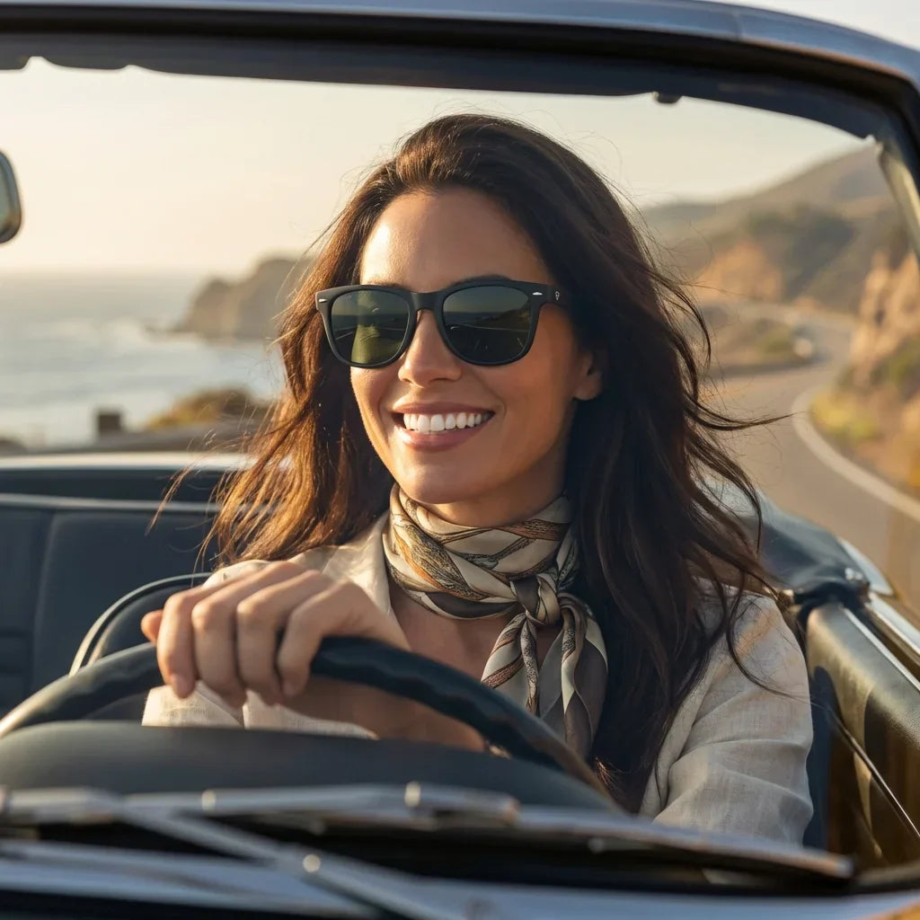 Mujer usando lentes sol Acacia XL polarizados UV400 mujer conduciendo proteccion solar carretera Bonoboss #color_g15