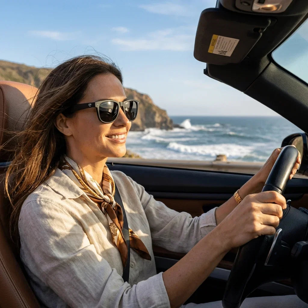 Mujer usando lentes sol Acacia XL polarizados UV400 mujer conduciendo proteccion solar carretera Bonoboss #color_negro