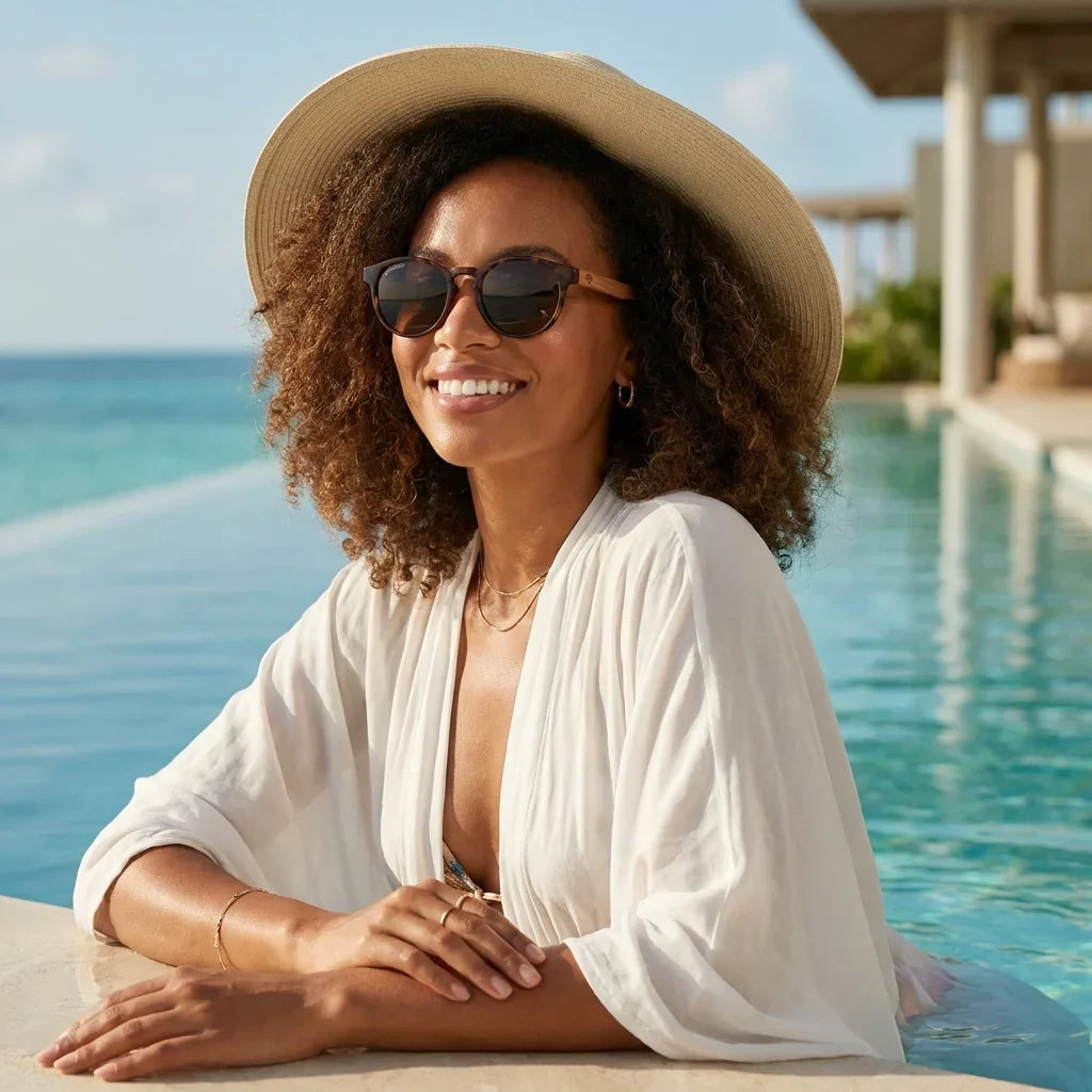 Mujer usando lentes sol Paine bio-acetato polarizados carey resort piscina lifestyle verano proteccion UV Bonoboss #editorial_banner #color_carey