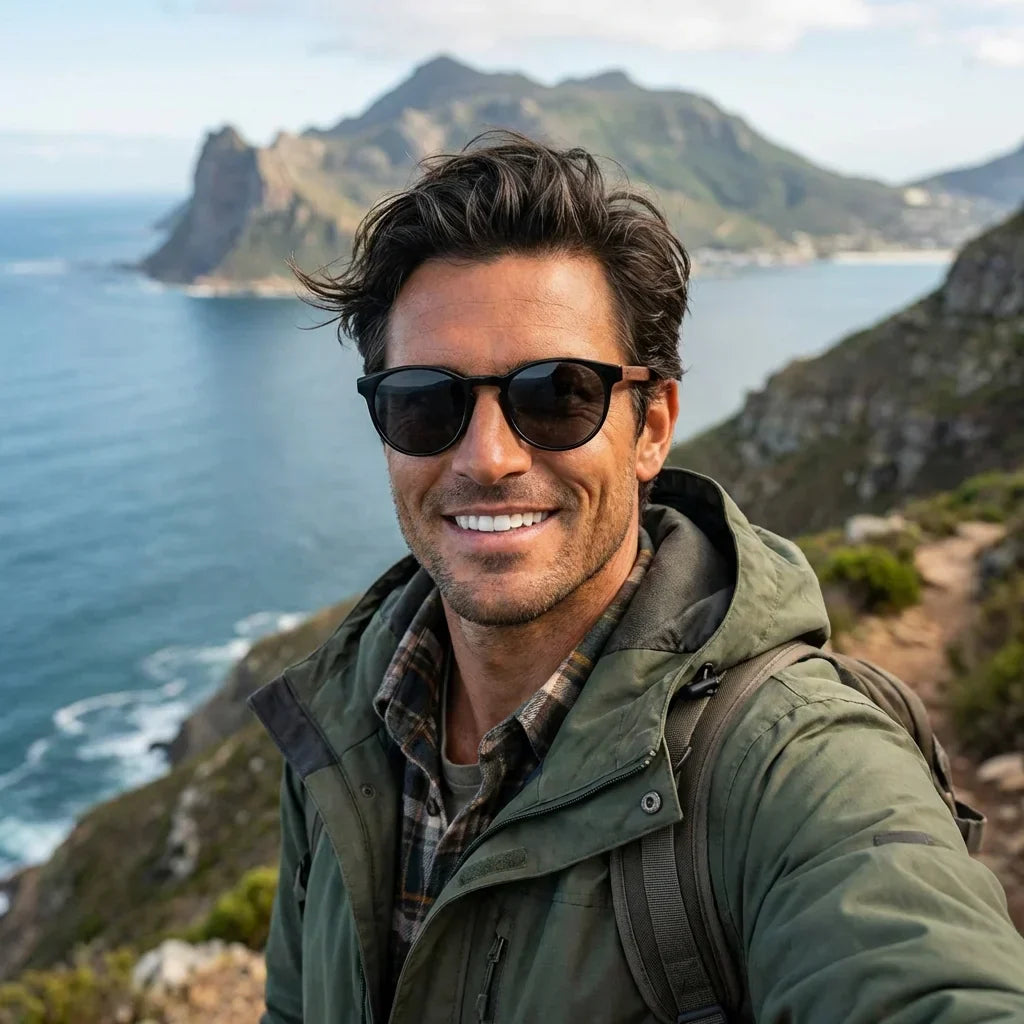 Hombre usando lentes sol Chiloé 220 polarizados UV400 hombre aventura outdoor naturaleza proteccion UV Bonoboss #color_negro