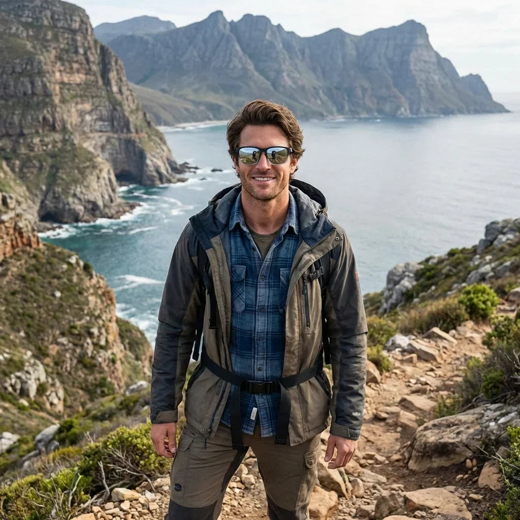 Hombre usando lentes sol Waimea polarizados UV400 hombre aventura outdoor naturaleza proteccion UV Bonoboss #color_espejado-gris