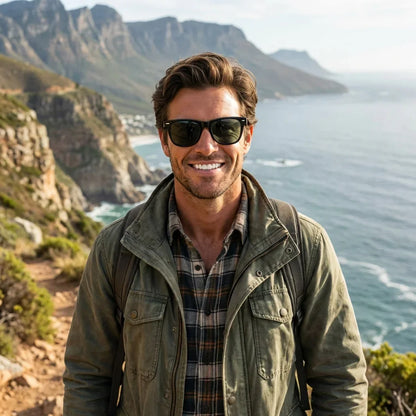 Hombre usando lentes sol Valencia polarizados UV400 hombre aventura outdoor naturaleza proteccion UV Bonoboss #color_negro