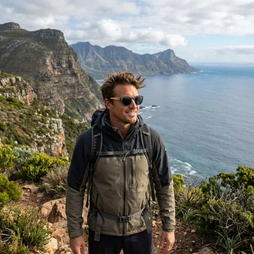 Hombre usando lentes sol Chiloé 110 Wood polarizados UV400 hombre aventura outdoor naturaleza proteccion UV Bonoboss #color_gris