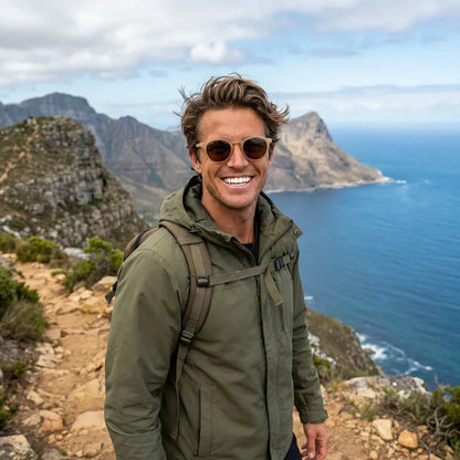 Hombre usando lentes sol Temuco RPET polarizados UV400 hombre aventura outdoor naturaleza proteccion UV Bonoboss #color_brown