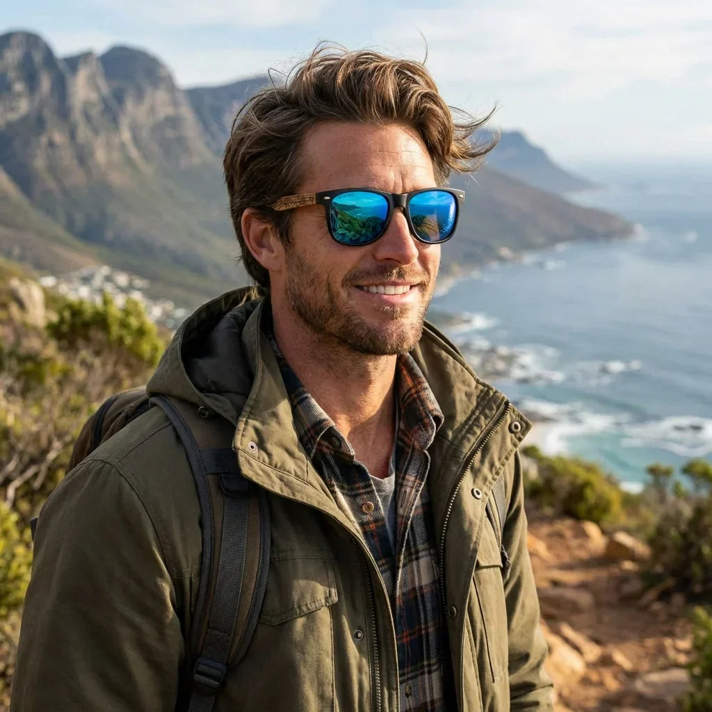 Vista frontal de Acacia Designer's gafas de sol madera color para hombre #color_waves-sky