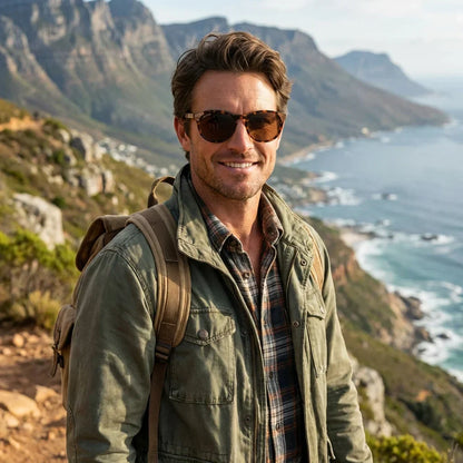 Hombre usando lentes sol Chiloe 0084 bio-acetato polarizados carey aventura outdoor naturaleza sendero proteccion UV Bonoboss #editorial_sustentabilidad #color_carey