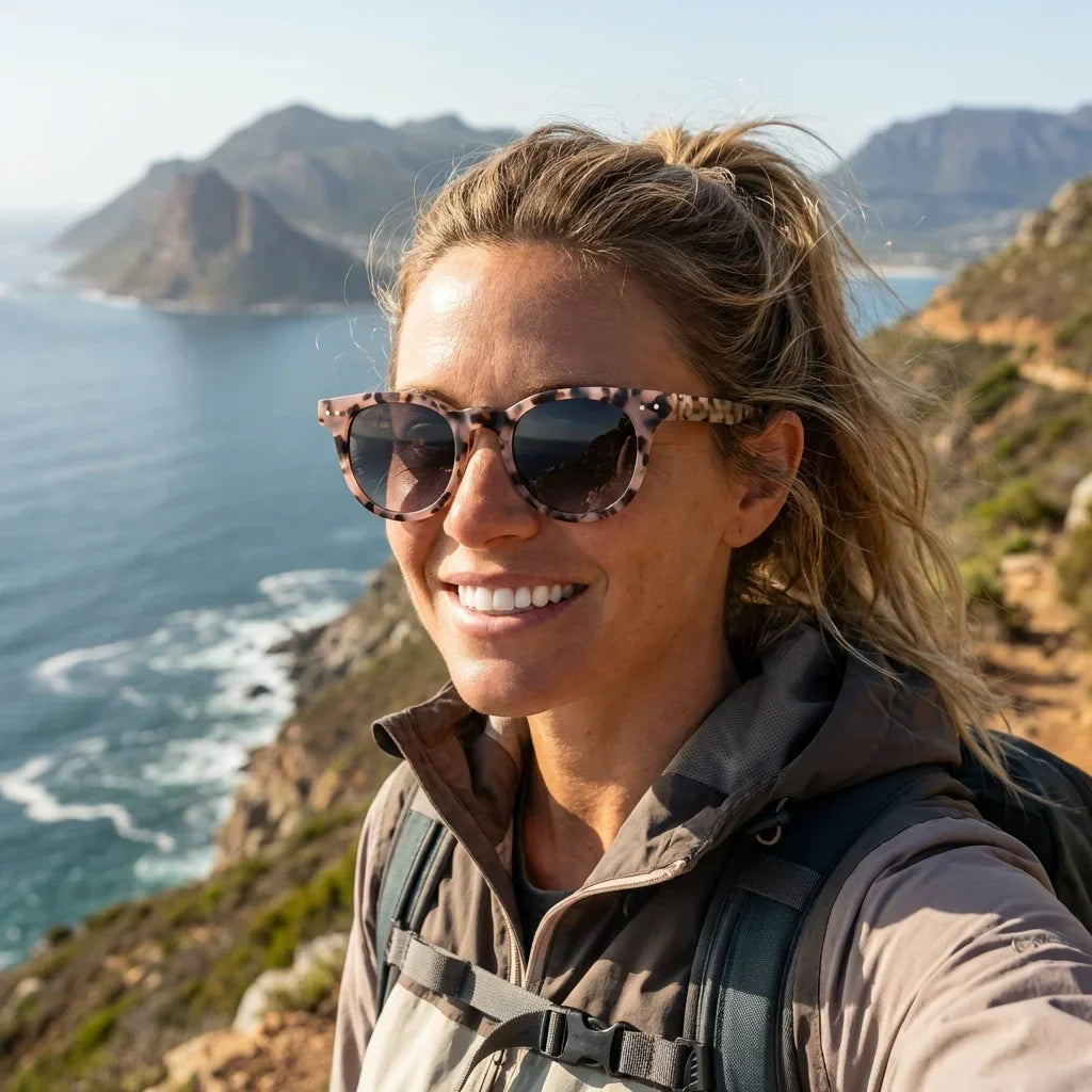 Mujer usando lentes sol Meli bio-acetato polarizados marble aventura naturaleza outdoor sendero eco-consciente Bonoboss #editorial_sustentabilidad #color_marble