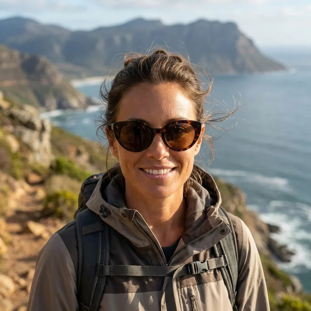 Mujer usando lentes sol Hannover bio-acetato polarizados carey aventura outdoor sendero naturaleza sustentable Bonoboss #editorial_sustentabilidad #color_carey