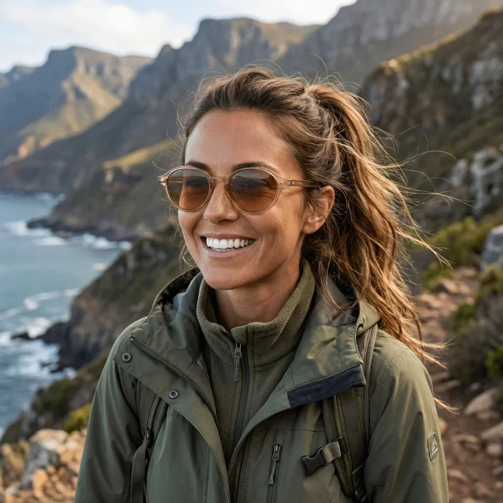 Mujer usando lentes sol Capri RPET reciclado polarizados champagne aventura outdoor naturaleza sendero eco-consciente Bonoboss #editorial_sustentabilidad #color_champagne
