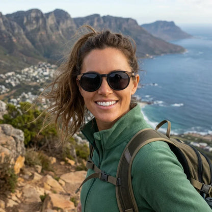 Mujer usando lentes sol Chiloé 0084 polarizados UV400 mujer aventura outdoor naturaleza proteccion UV Bonoboss #color_negro